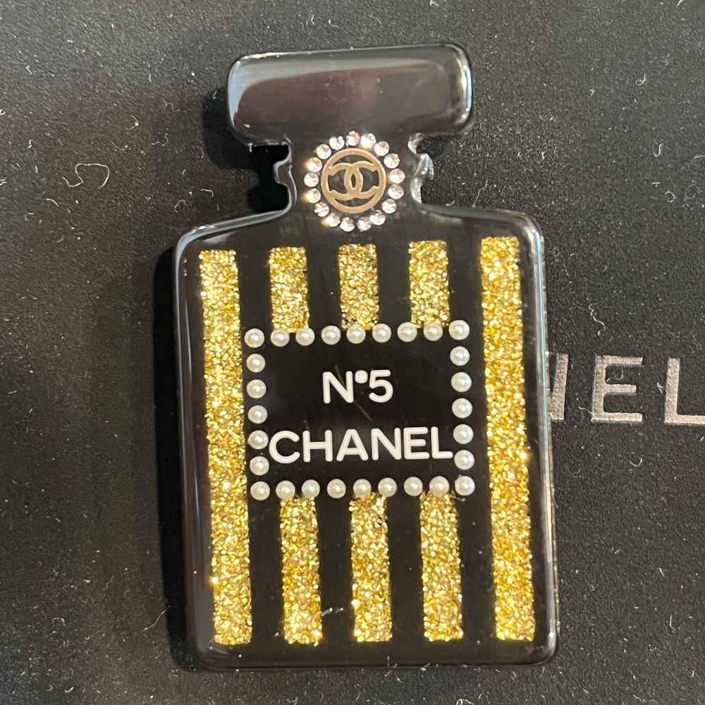 Authentic Chanel resin Gold and Crystal #5 perfume brooch.